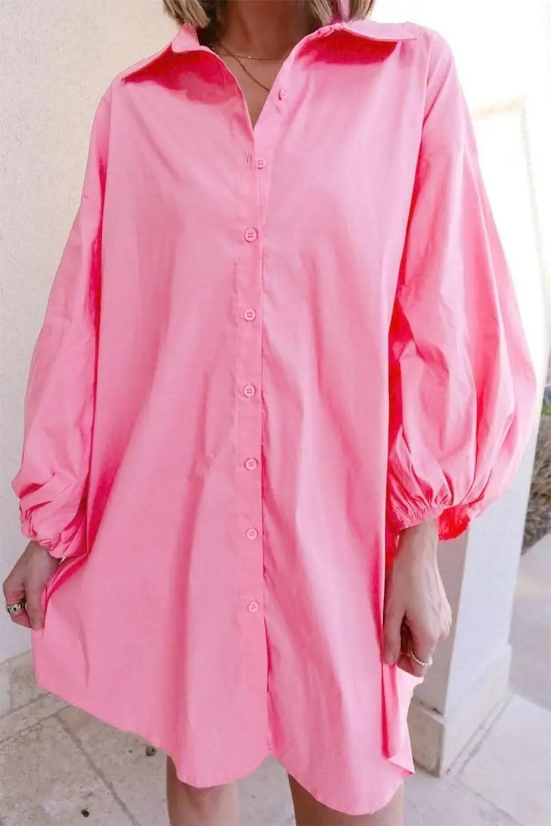 Bright Pink Balloon Sleeve Button Up Mini Shirt Dress - Love Salve